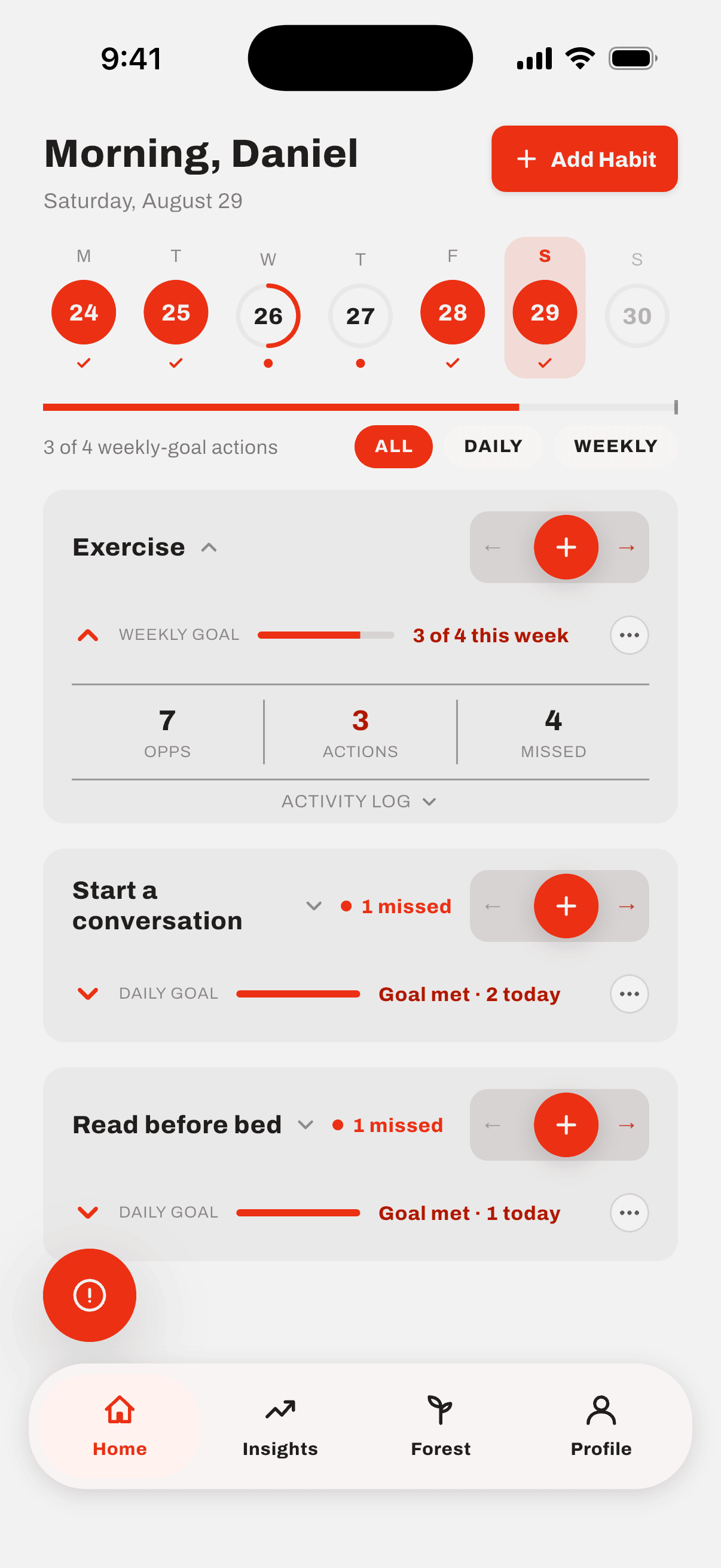 The home screen, one slider per habit with a quick-log button on its goal row, the weekly-goal bar and the All/Daily/Weekly filter