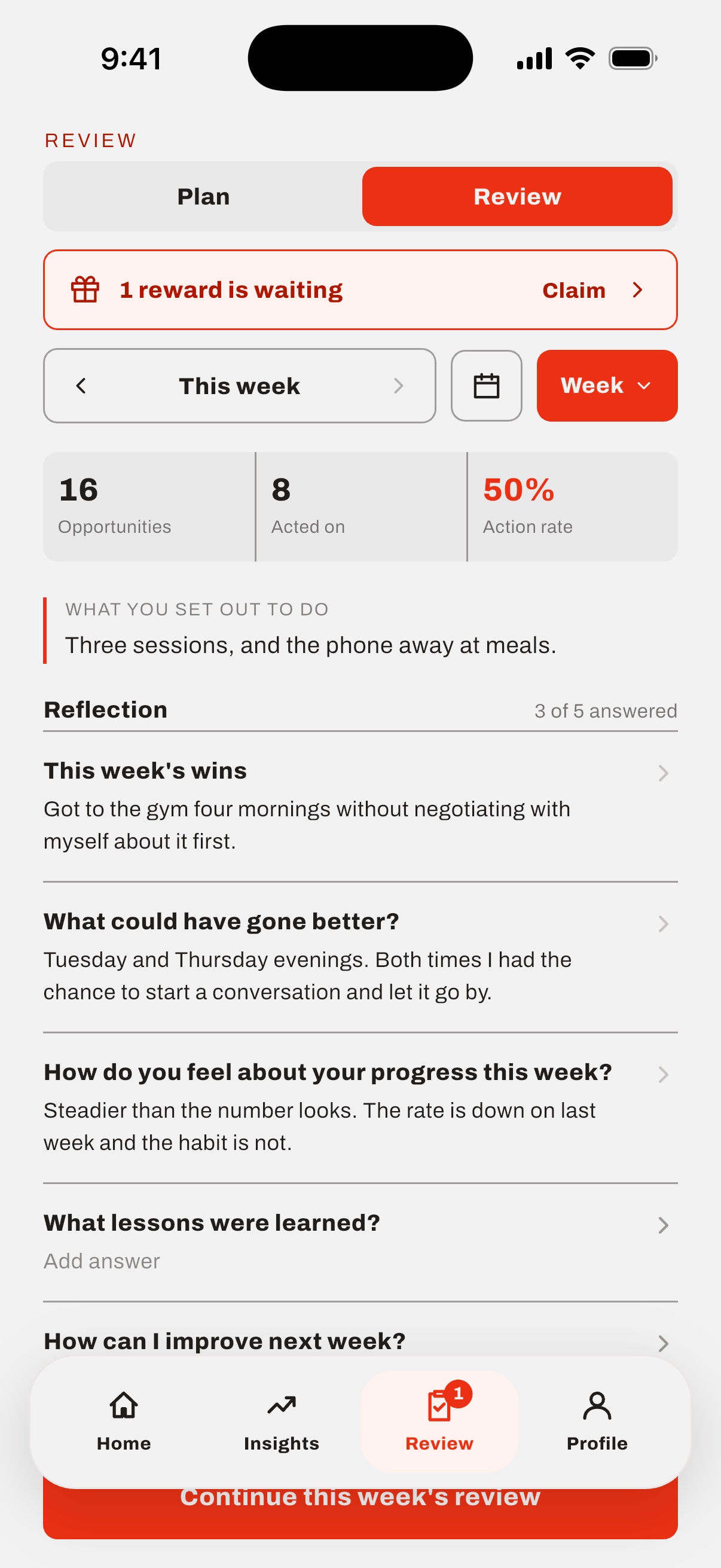 The weekly review, showing opportunities, actions and the action rate for the week, the intention set at the start of it, and the reflection questions with three of five answered